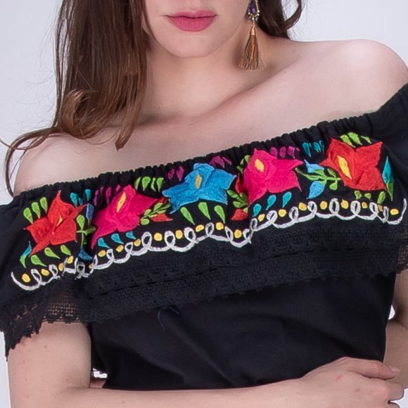 Mexican Dress Off the Shoulder Black with Floral Embroidery - Picture 7 of 16